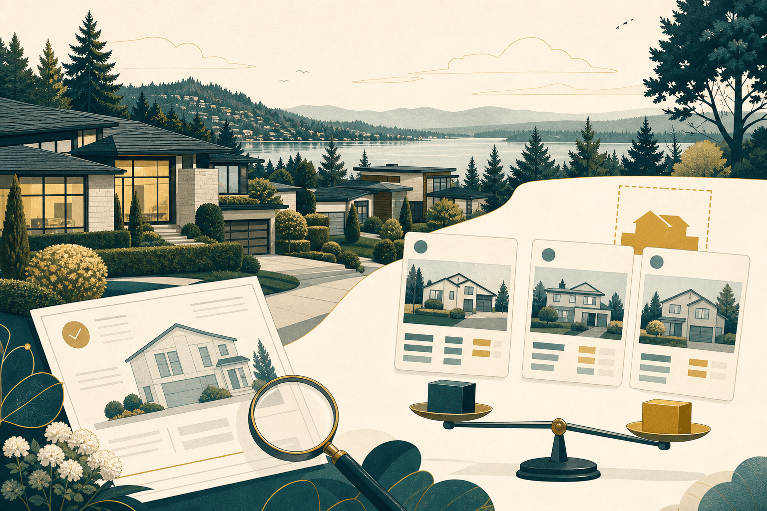 Wooded Bellevue residential setting with home and tax paperwork