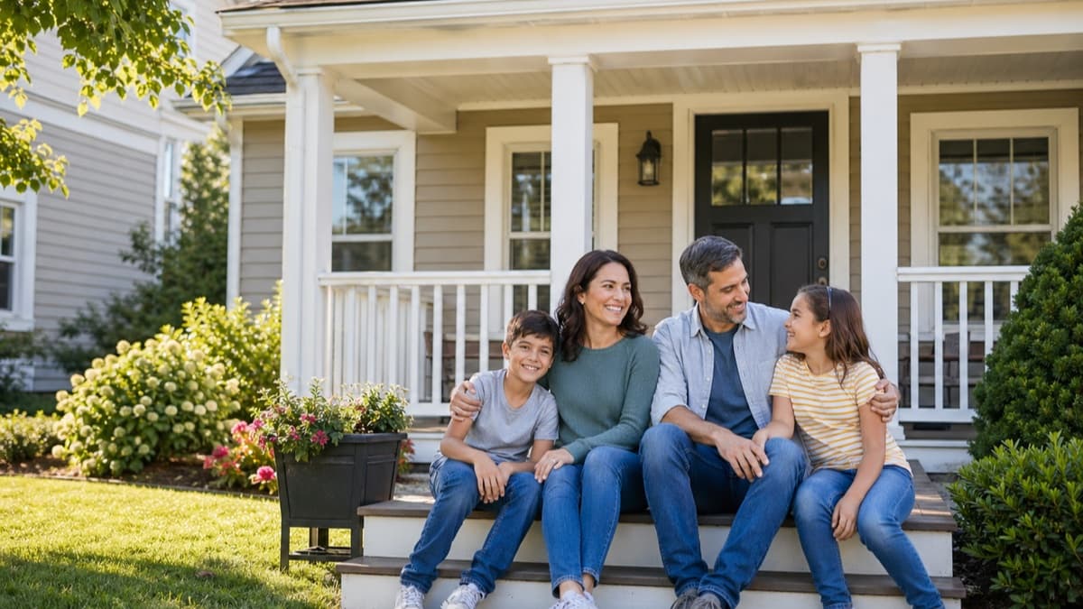 Family sitting together on the front porch of their home