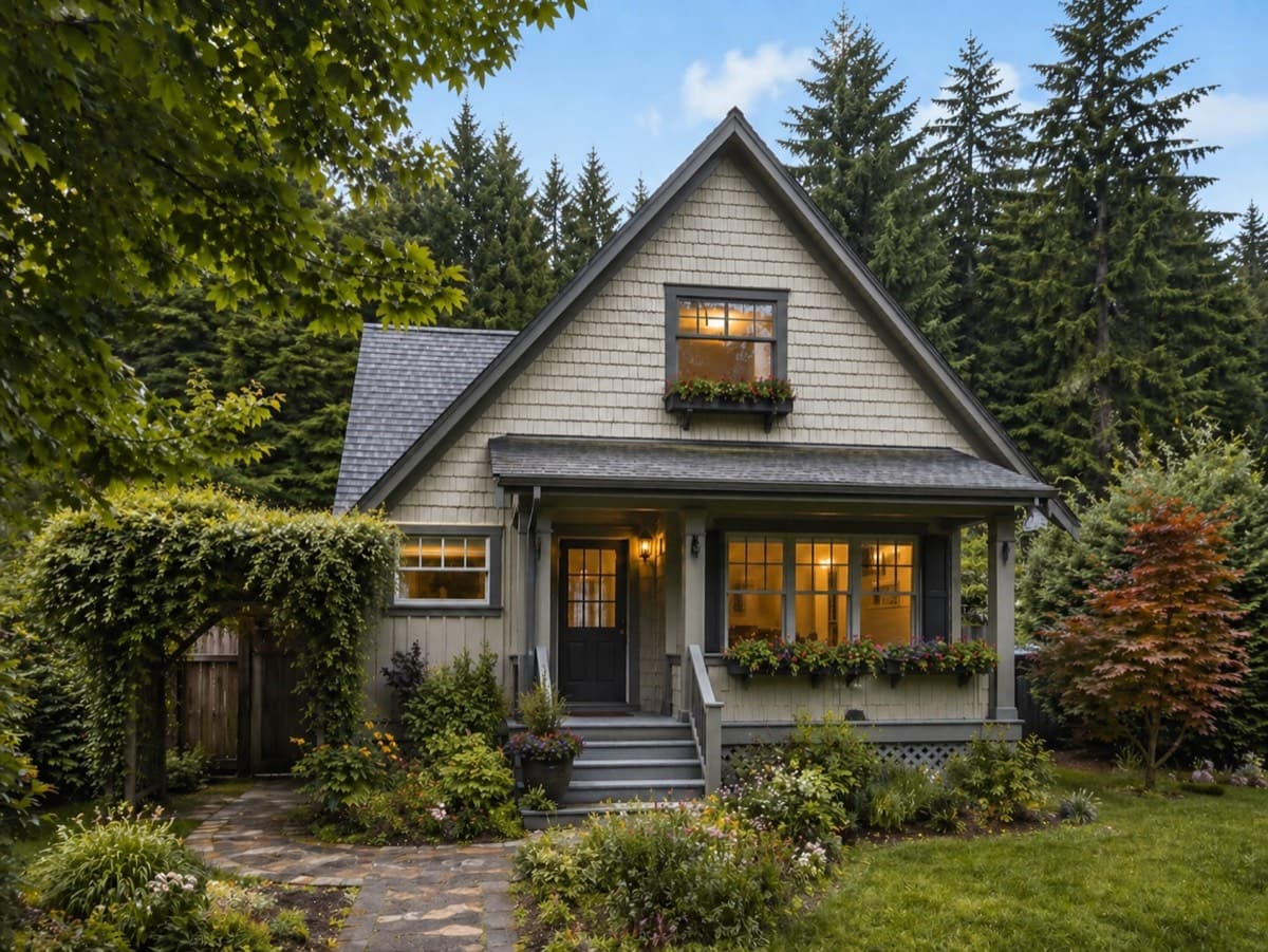 Storybook Kirkland cottage with shingle siding and lush PNW garden