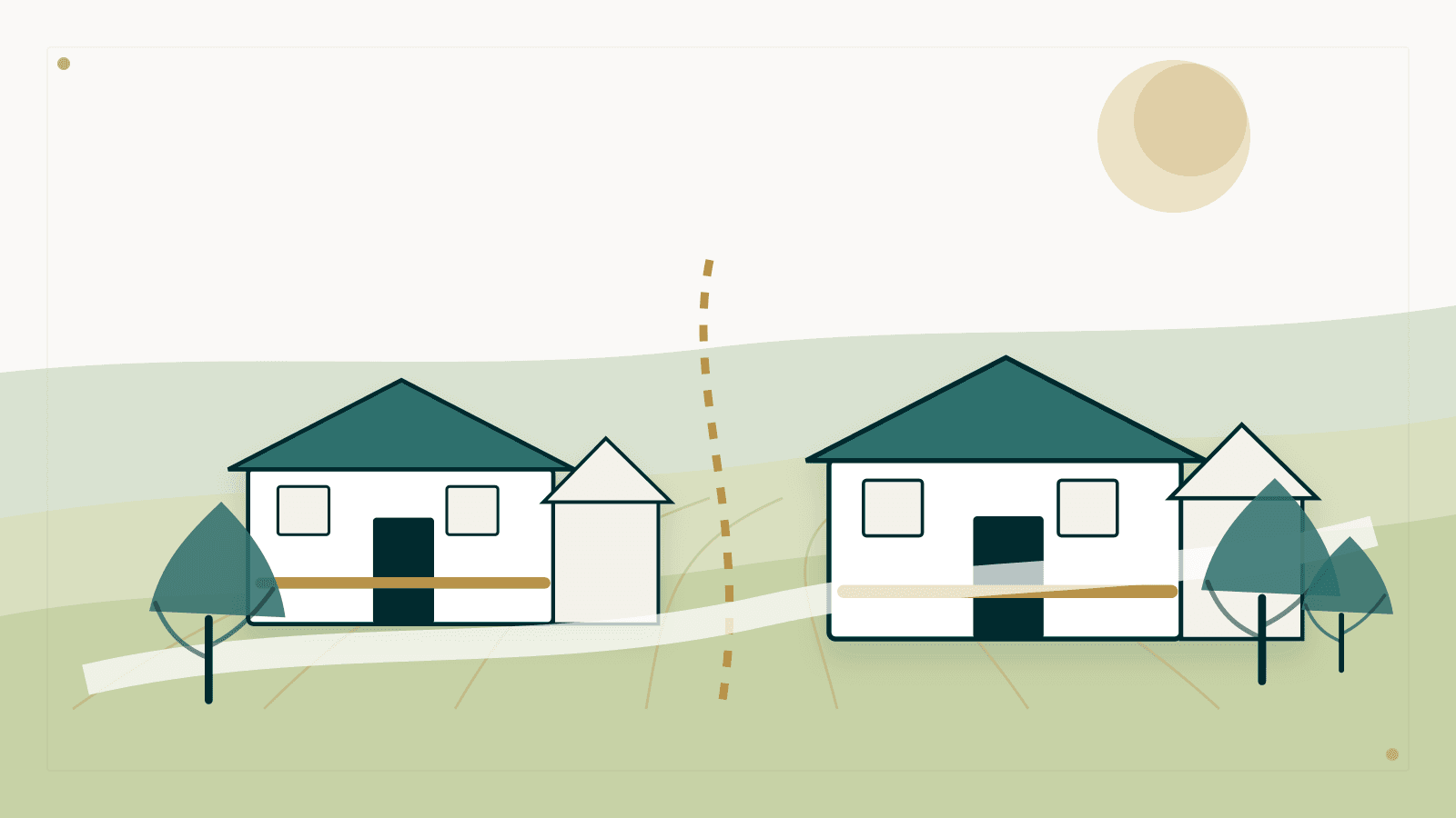 Idealized Clarence farmhouse near open meadow and hamlet road