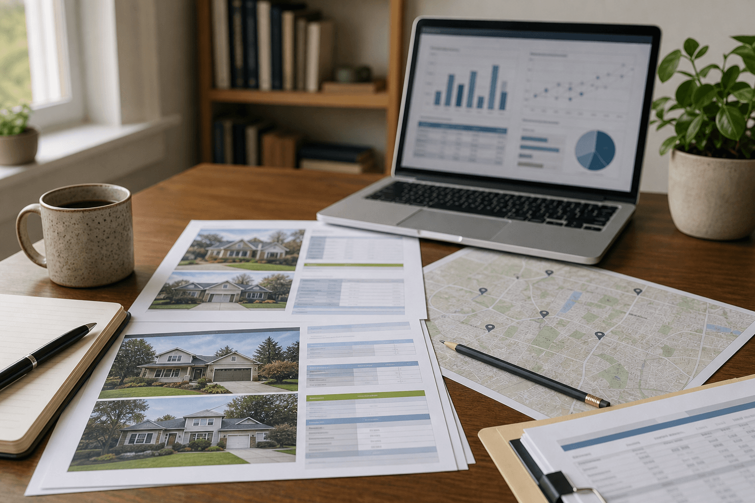 Home office desk with comparable home sheets and property assessment notes
