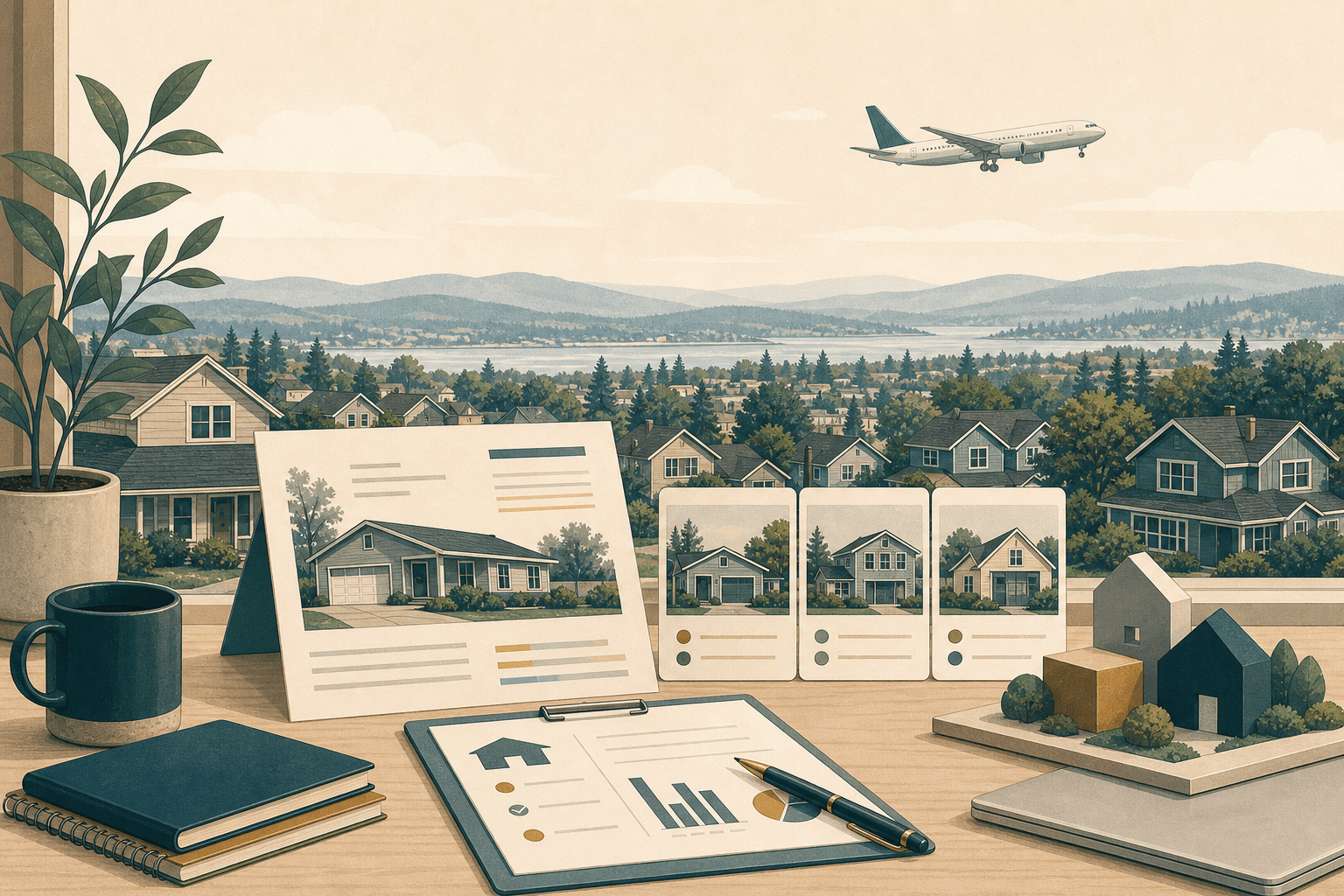 Renton area home office with property tax notice and neighborhood view