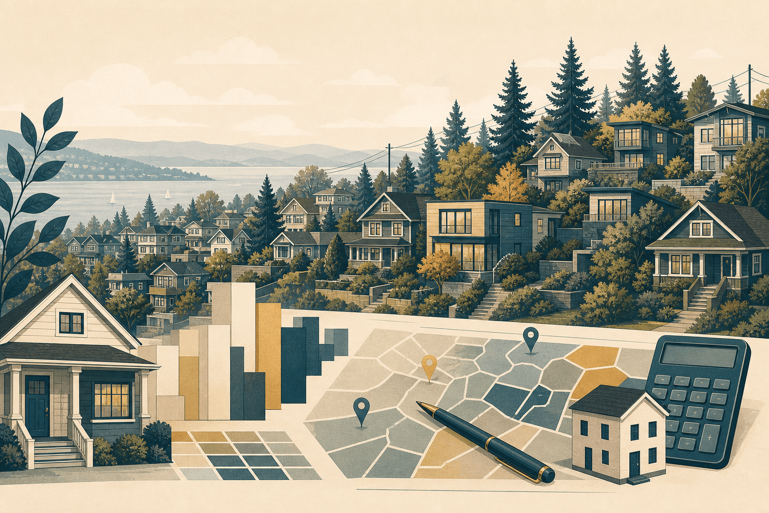 Layered Seattle neighborhood homes with calm property tax assessment shapes