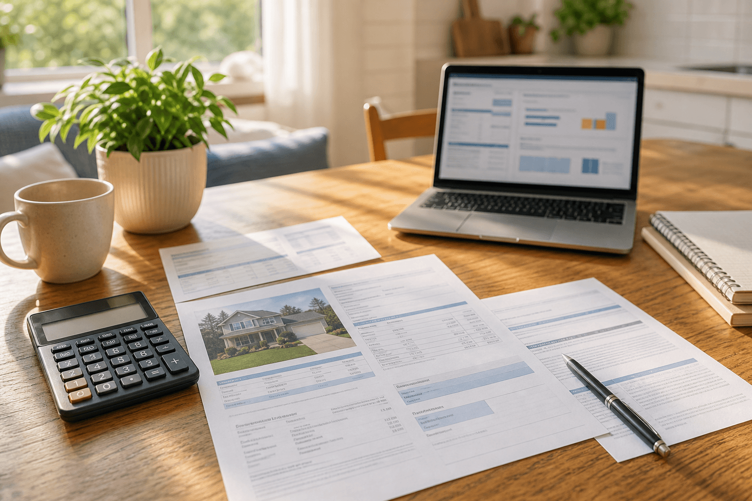 Bright kitchen table with property tax paperwork, calculator, and laptop