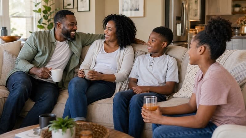 A family talking together in their living room