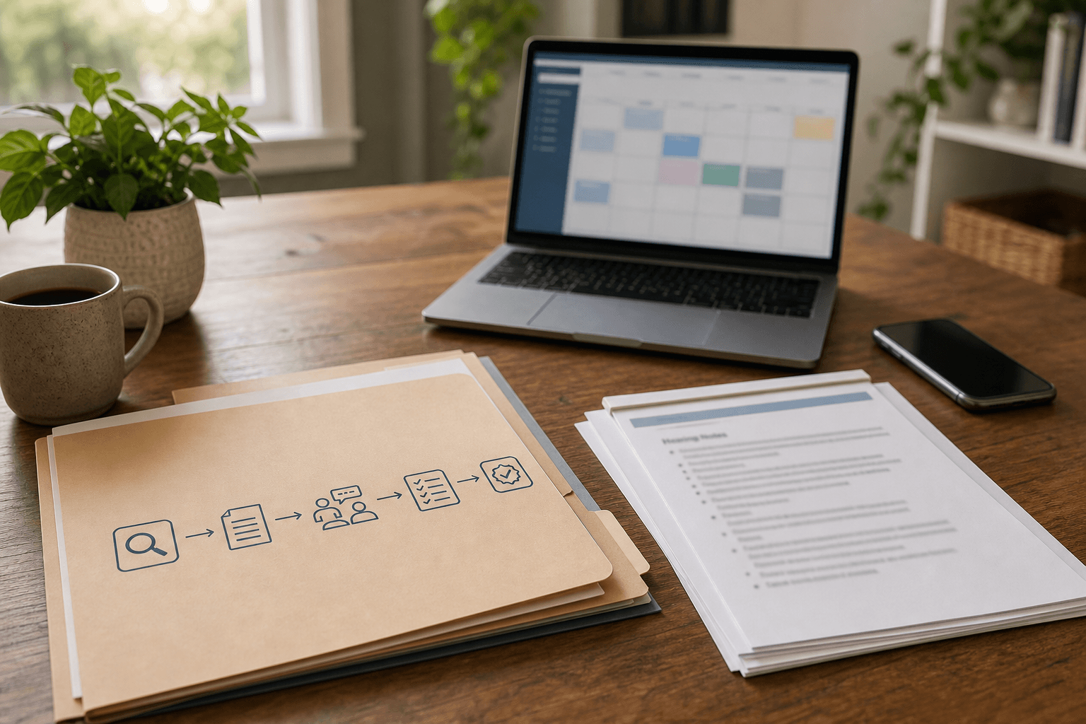 A folder of assessment paperwork and a calendar on a desk