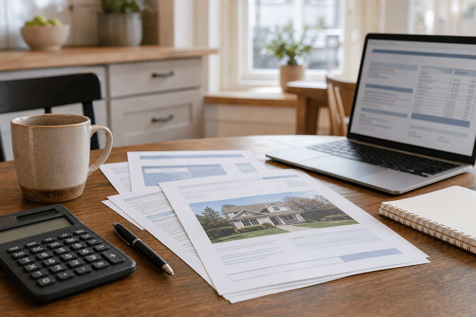 Kitchen table with property tax bill, assessment notice, calculator, and laptop