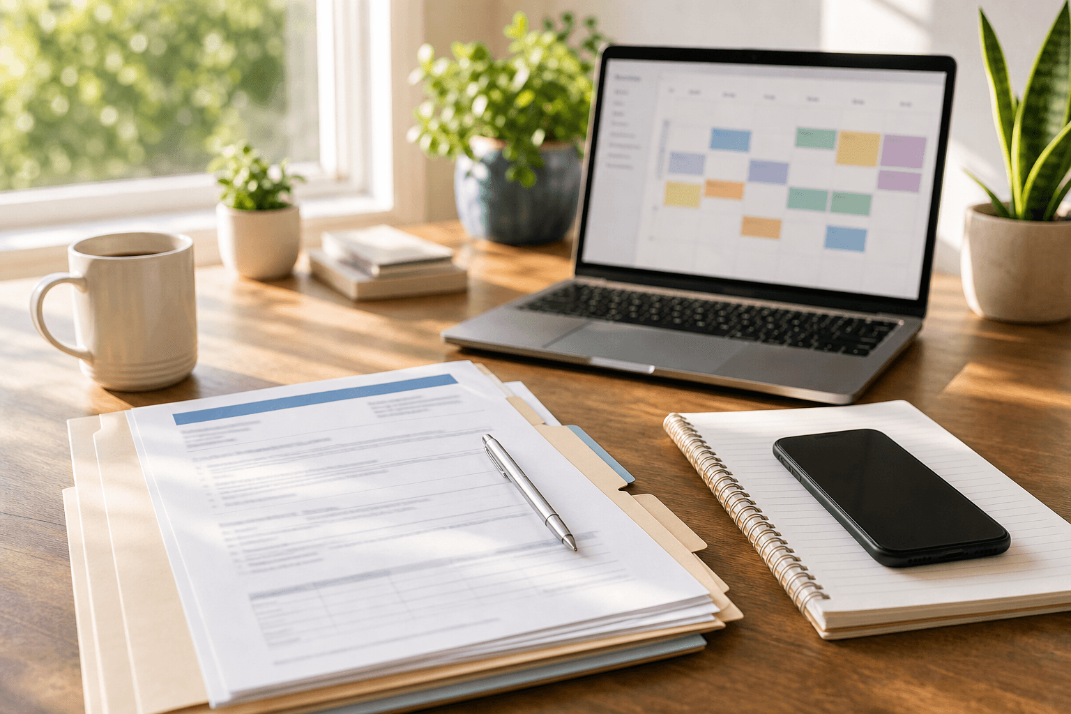 Bright home office desk with organized appeal folder, laptop, and phone